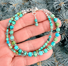 Turquoise & Silver Duo Bracelet Stack, with clasp, Beaded Genuine Natural Stone