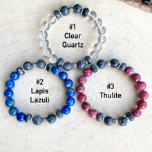 THULITE, LAPIS LAZULI & Clear Quartz Bracelet Stack, with Larvikite and Silver, 10mm Beaded, Stretch, Genuine Natural Stone Gemstone