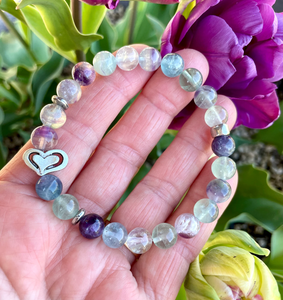 FLUORITE HEART BRACELET, 8mm, with silver, Natural Stone Gemstone Crystal, Stretch Beaded, Spiritual Gifts