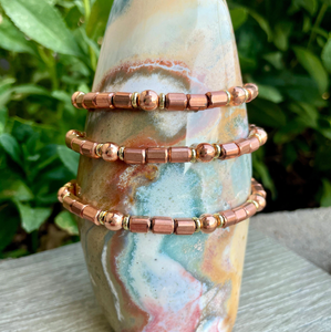 COPPER BEAD BRACELET, with Gold Accents, Stretch, Beaded, 6"-8.5", Healing Mineral