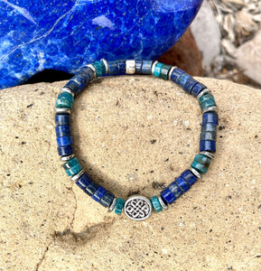 LAPIS LAZULI & APATITE Celtic Knot Bracelet, Beaded Stretch, Blue Green Natural Stone, Gemstone Crystal