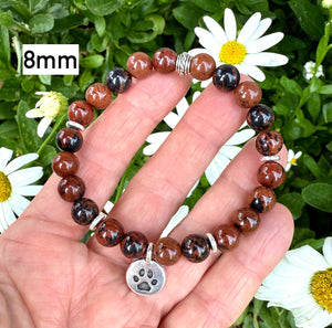 MAHOGANY OBSIDIAN BRACELET with Dog Paw Charm, Silver, Stretch, Gemstone Crystal Stone, Dog Lovers Gift