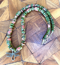 DRAGONFLY UNAKITE NECKLACE, Sterling Silver, 20", Beaded, Natural Stone Gemstone Crystal Jewelry