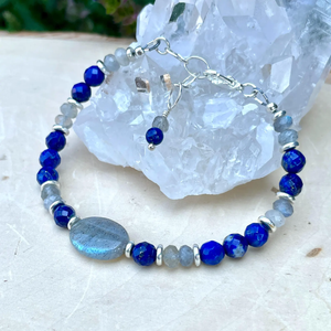 LABRADORITE & LAPIS LAZULI Bracelet, Silver, Adjustable, Clasp, Beaded, Natural Stone Crystal Gemstone