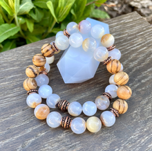 BLUE CHALCEDONY BRACELET Choice with Tiger Skin Sandalwood, Namibia Natural Stone with Golden Matrix, 10mm Stretch Beaded Gemstone Crystal