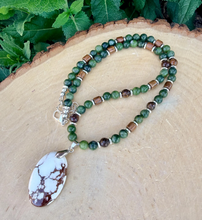 WILD HORSE JASPER Pendant Necklace with Jade, Bronzite, Black Rosewood, Silver, Beaded, Adjustable 18"-20"