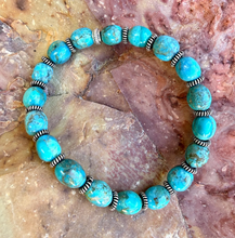 KINGMAN TURQUOISE BRACELET, with Silver, Stretch, Blue Green Potato/Pebble, Beaded, Genuine, Natural Stone Gemstone