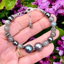 PEACOCK FRESHWATER PEARL BRACELET with Labradorite & Hematite, Clasp, Silver, Gray/Black Natural Stone, Gemstone, Crystal, Adjustable