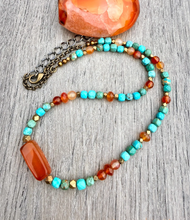 CARNELIAN AGATE & TURQUOISE Necklace, 20-22", Antiqued Brass Adjustable Chain, Genuine Natural Stone, Gemstone