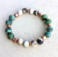AFRICAN TURQUOISE & Opalized Petrified Wood BRACELET with Copper, Stretch, Natural Stone Gemstone Crystal
