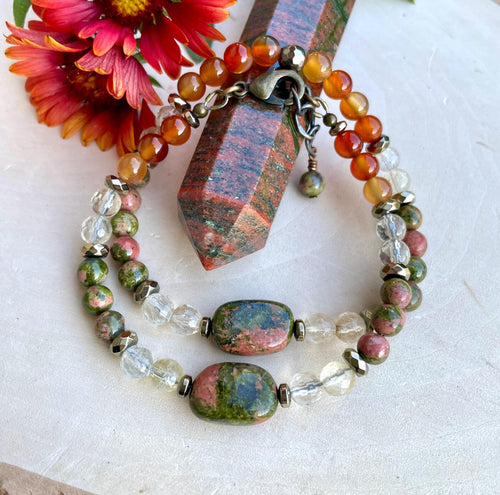 UNAKITE BRACELET with Citrine, Carnelian & Pyrite, Choice Stretch or Clasp, Beaded, Natural Stone Gemstone Crystal, Fall Autumn Jewelry