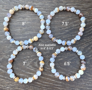 BLUE CHALCEDONY BRACELET with Silver, Namibia Natural Stone, Golden Matrix, 8mm Stretch Beaded Gemstone Crystal