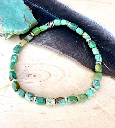 TURQUOISE SILVER BRACELET Green, Stretch, Minimalist, Beaded, Genuine, Crystal Natural Stone Gemstone, Small Bead