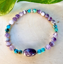 TURQUOISE & CHEVRON AMETHYST Bracelet, Stretch, 5-6mm + Oval, Beaded, Silver, Genuine Natural Stone Gemstone Crystal