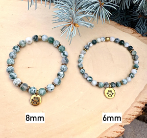 GREEN TREE AGATE Bracelet with Dog Paw Charm, Gold, Stretch, Gemstone Crystal Stone, Dog Lovers Gift