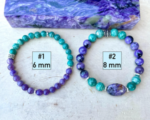 CHAROITE & AMAZONITE BRACELET, Choice 6mm or 8mm, Russian Natural Stone, Beaded, Stretch, Gemstone Crystal