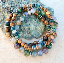 MOSS AGATE & SANDALWOOD Bracelet Stack, Silver, Stretch, Genuine Natural Green Gemstone, Wood, Crystal, Earthy Stone