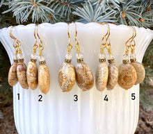 FOSSILIZED CORAL EARRINGS, Choice, Dangle, 14K Gold Filled Wires, Clear Quartz, Agatized Coral, Genuine Natural Stone Gemstone