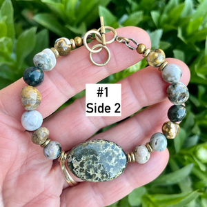 OCEAN JASPER BRACELET with Antiqued Brass, Choice, Adjustable Clasp 7"-8", Beaded Natural Stone Gemstone Crystal