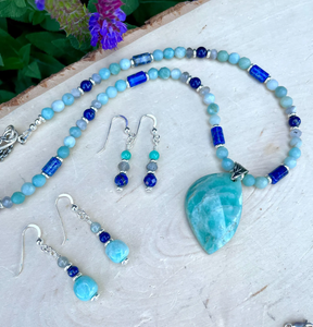 AMAZONITE PENDANT NECKLACE with Lapis Lazuli & Labradorite, Beaded, 20", Natural Stone Crystal Gemstone Pendant, Silver Chain