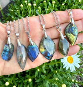 LABRADORITE PENDANT NECKLACE, Choice, 18" Silver Chain, Natural Flashy Stone, Gemstone Crystal