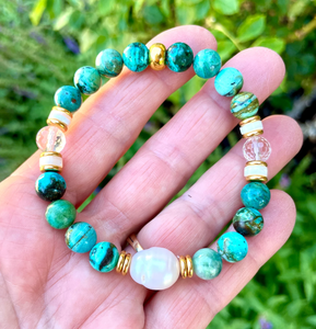 CHRYSOCOLLA BRACELET, Choice Clasp or Stretch, AAA Arizona Gemstone, Gold Accents, Pearl, Clear Quartz, Crystal Natural Stone