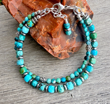 Turquoise & Silver Duo Bracelet Stack, with clasp, Beaded Genuine Natural Stone