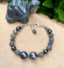 PEACOCK FRESHWATER PEARL BRACELET with Labradorite & Hematite, Clasp, Silver, Gray/Black Natural Stone, Gemstone, Crystal, Adjustable