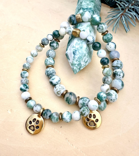 GREEN TREE AGATE Bracelet with Dog Paw Charm, Gold, Stretch, Gemstone Crystal Stone, Dog Lovers Gift