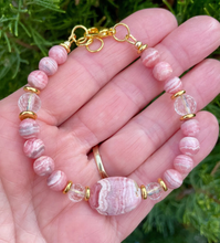 RHODOCHROSITE BRACELET with Clear Quartz & Gold Accents, Adjustable Clasp, Beaded, Pink Natural Stone Crystal Gemstone