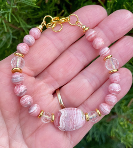 RHODOCHROSITE BRACELET with Clear Quartz & Gold Accents, Adjustable Clasp, Beaded, Pink Natural Stone Crystal Gemstone