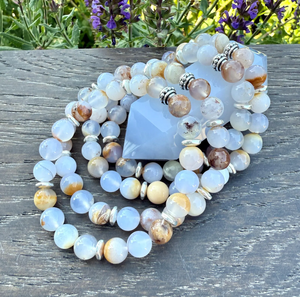 BLUE CHALCEDONY BRACELET with Silver, Namibia Natural Stone, Golden Matrix, 8mm Stretch Beaded Gemstone Crystal