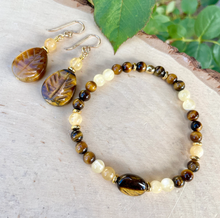 TIGER'S EYE & Honey CALCITE Bracelet with Gold, Stretch Beaded, Gemstone Crystal Stone
