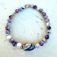 CHEVRON AMETHYST BRACELET, Stretch, 6mm + Oval, Beaded, Silver, Genuine Natural Stone Gemstone Crystal