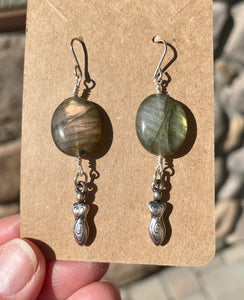 LABRADORITE SPIRAL GODDESS Dangle Earrings, Sterling Silver Hooks, Flashy Gemstone Stone Crystal Earring Set