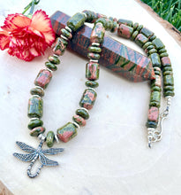 DRAGONFLY UNAKITE NECKLACE, Sterling Silver, 20", Beaded, Natural Stone Gemstone Crystal Jewelry