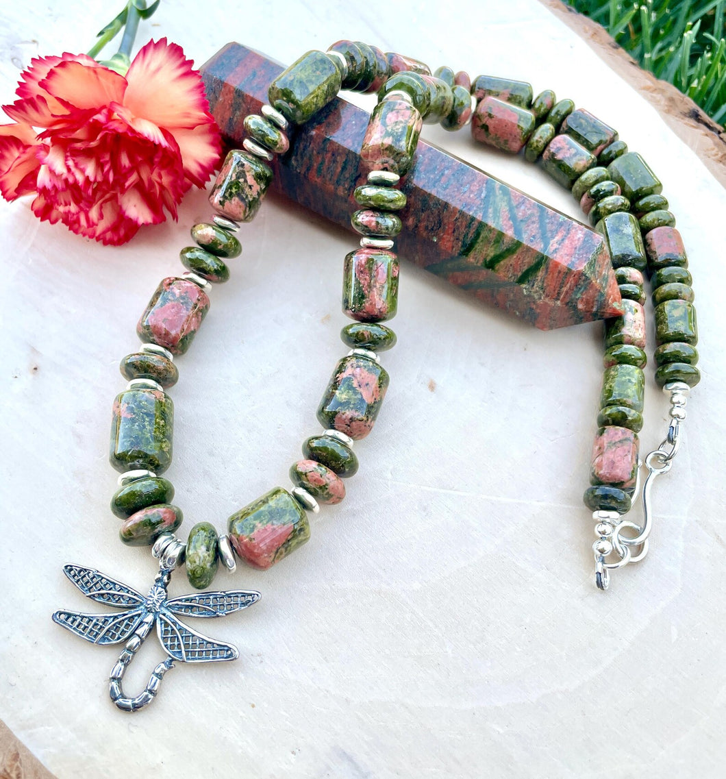 DRAGONFLY UNAKITE NECKLACE, Sterling Silver, 20
