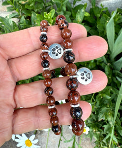 MAHOGANY OBSIDIAN BRACELET with Dog Paw Charm, Silver, Stretch, Gemstone Crystal Stone, Dog Lovers Gift