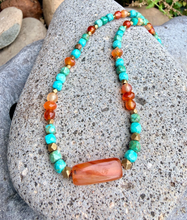 CARNELIAN AGATE & TURQUOISE Necklace, 20-22", Antiqued Brass Adjustable Chain, Genuine Natural Stone, Gemstone