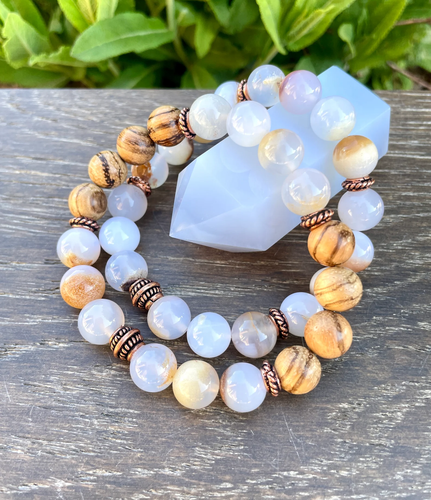 BLUE CHALCEDONY BRACELET Choice with Tiger Skin Sandalwood, Namibia Natural Stone with Golden Matrix, 10mm Stretch Beaded Gemstone Crystal