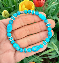 KINGMAN TURQUOISE BRACELET with Silver, Stretch, Blue Round & Pebble, Beaded, Genuine, Crystal Natural Stone Gemstone