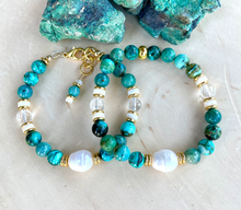 CHRYSOCOLLA BRACELET, Choice Clasp or Stretch, AAA Arizona Gemstone, Gold Accents, Pearl, Clear Quartz, Crystal Natural Stone