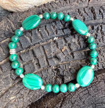 MALACHITE & SILVER BRACELET Beaded Stretch, Emerald Green Crystal Natural Stone Gemstone