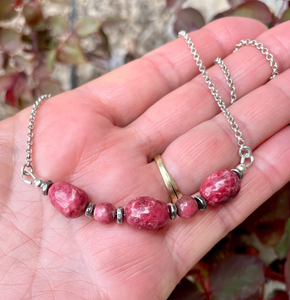 NORWEGIAN THULITE NUGGET NECKLACE, Oxidized Silver Chain, 16", 18", 20" Choice, Natural Norway Pink Stone Gemstone Crystal