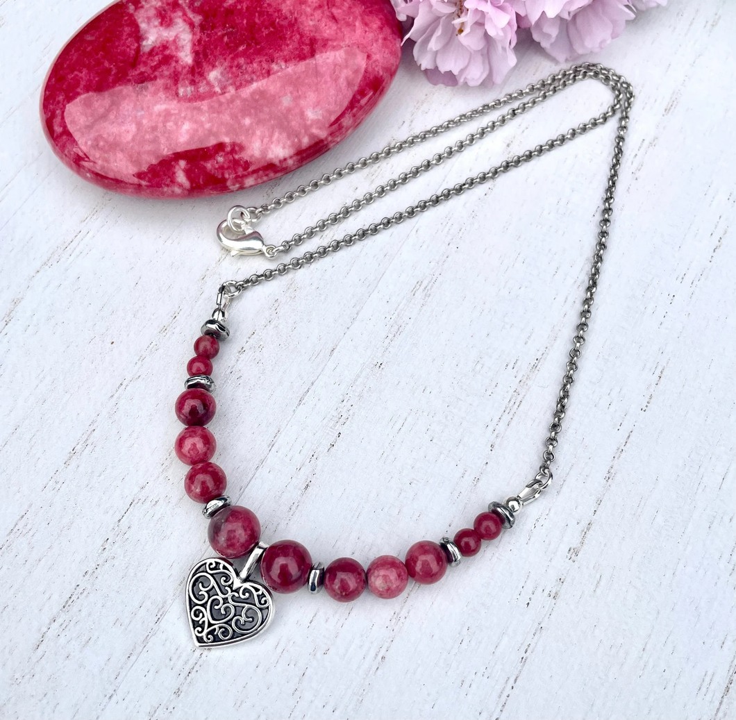 NORWEGIAN THULITE HEART Necklace, Oxidized Silver Chain, 15