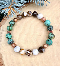 AFRICAN TURQUOISE & Opalized Petrified Wood BRACELET with Copper, Stretch, Natural Stone Gemstone Crystal