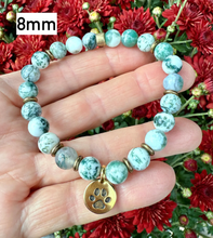 GREEN TREE AGATE Bracelet with Dog Paw Charm, Gold, Stretch, Gemstone Crystal Stone, Dog Lovers Gift