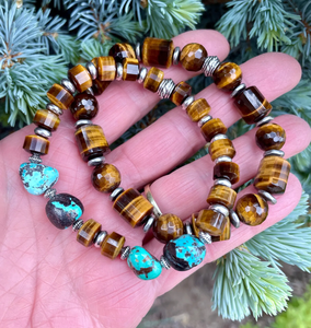TURQUOISE & TIGER'S EYE Bracelet, Choice, with Silver, Stretch Beaded, Genuine Dragon Skin Turquoise, Gemstone Crystal Stone