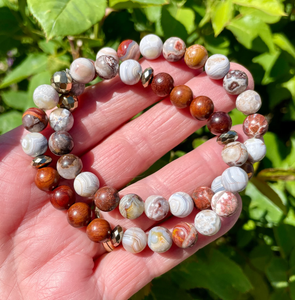 LAGUNA LACE AGATE Bracelet, Choice with Rosewood, Mexican Natural Stone, 8mm Stretch Beaded Banded Gemstone Crystal