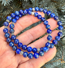 LAPIS LAZULI & SILVER Bracelet, Beaded Stretch, Genuine Deep Blue Natural Stone, Gemstone Crystal